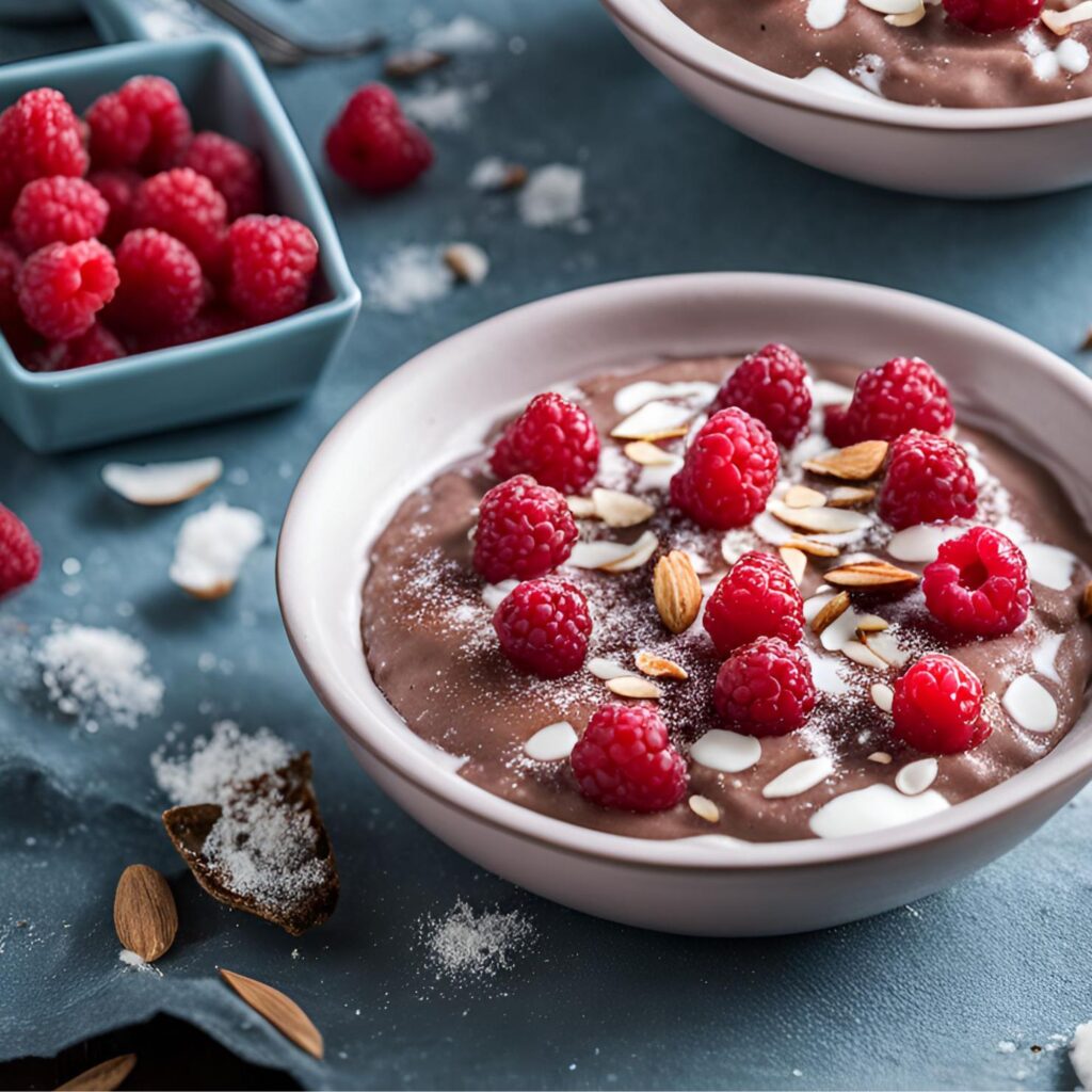 jogurt z kakao, malinami i migdałami
